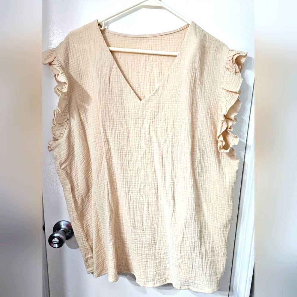 women's cream short Sleeve Sleeveless ruffled v-neck cotton top 2XL